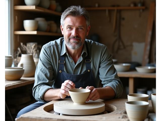 Keramiker ved dreiehjul, med rustikke, jordnære keramiske gjenstander.