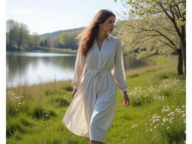 Kvikk, lett vårklær i naturfarger med spirende grønt i bakgrunn.