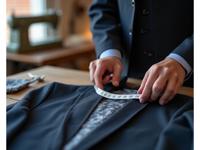 En skredder som måler stoff til en skreddersydd jakke for en klient