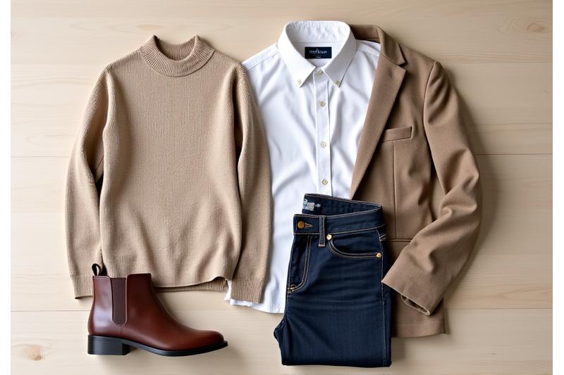 Illustrasjon av en kuratert kapselgarderobe med allsidige plagg som en hvit skjorte, mørke jeans og en klassisk blazer