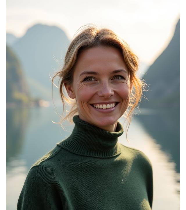 Portrett av Ingrid Olsen, grunnleggeren av Fjordklær Design, mot en bakgrunn av norske fjorder i diffust sollys.