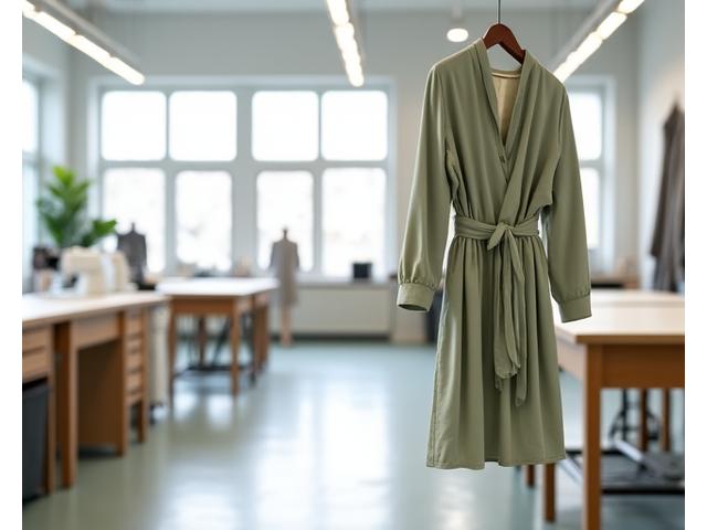 Oversiktsbilde av et lyst og moderne designstudio med naturlig lys, symaskiner og skredderutstyr. En modellkjole henger i forgrunnen.