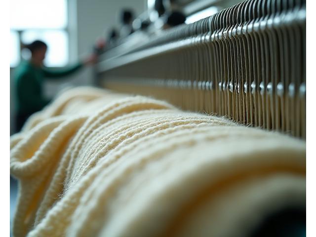 Moderne, industriell strikkemaskin som produserer strikkeplagg, med fokus på teksturen i garnet.