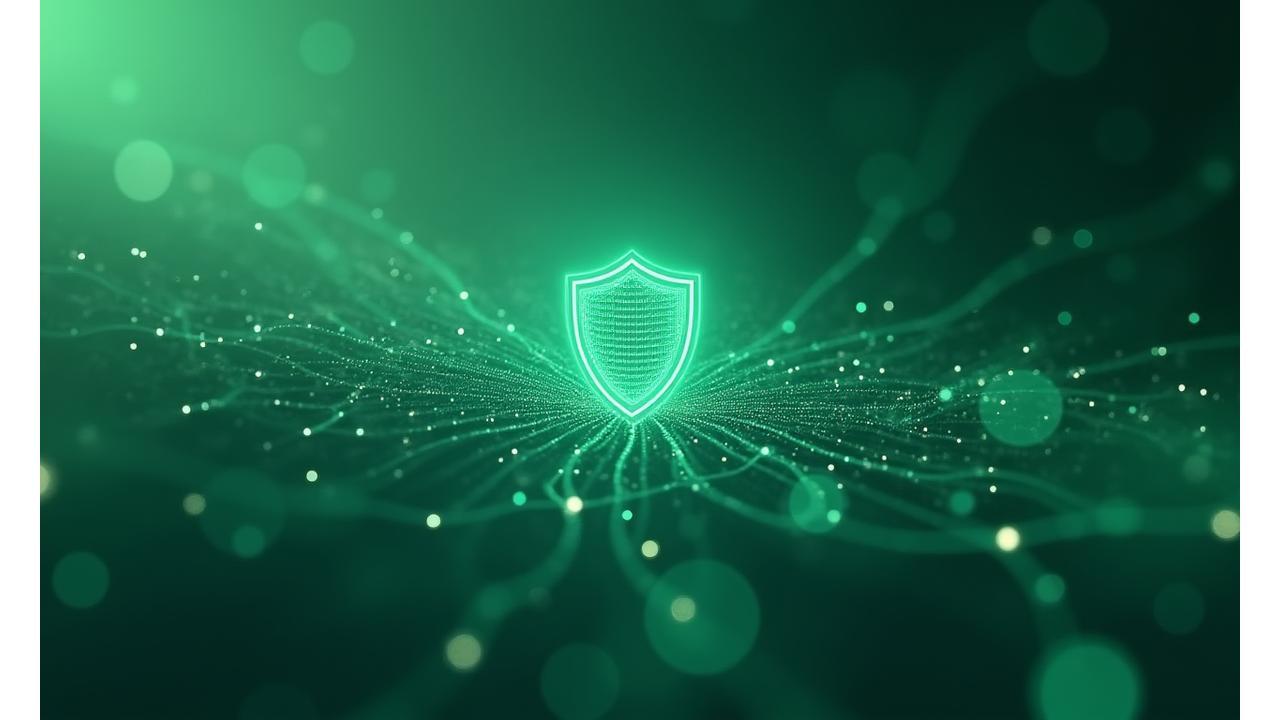 Abstrakt fremstilling av personvernsikkerhet, med sammenflettede tråder som symboliserer datanettverk beskyttet av en elegant, gjennomsiktig skjerm, i fargene fra Fjordklær Designs palett.