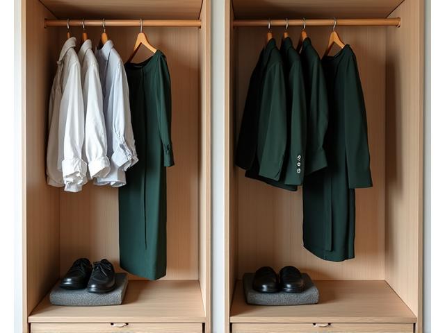Before and after image showing a wardrobe transformation, with old, ill-fitting clothes on one side and beautifully tailored, organized clothes on the other.