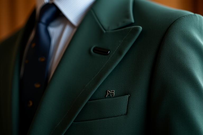 Detail of a perfectly tailored suit jacket with intricate stitching, showcasing the fine craftsmanship and fit.