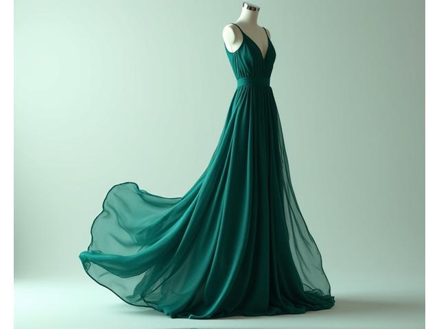 Elegant long evening gown hanging gracefully, showcasing intricate design and flowing fabric.