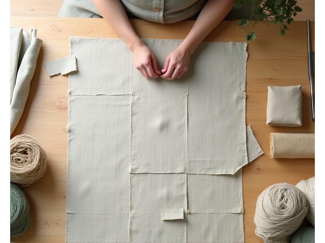 En tekstilarbeider som omhyggelig kutter stoffmønstre med minimalt svinn, omgitt av organiske tekstiler i jordfarger