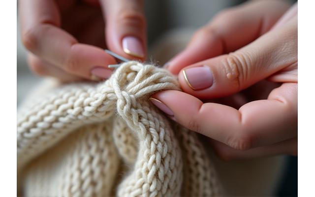 Hender som reparerer et lite hull i en strikkegenser med nål og tråd, fokus på detalj