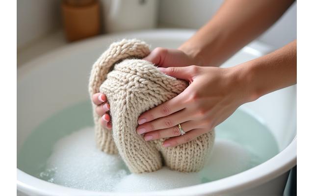 Nært bilde av hender som forsiktig håndvasker en strikkegenser i en vaskebøtte