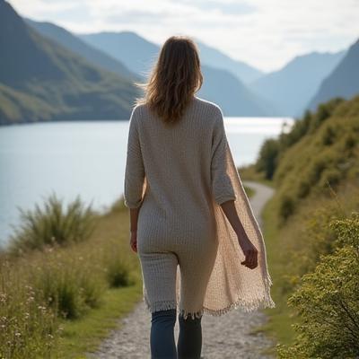 Modell iført en lett cardigan med moderne strikkemønster i et høstlandskap ved fjorden