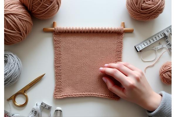 Nært bilde av en strikkeprøve på et arbeidsbord med målebånd og saks