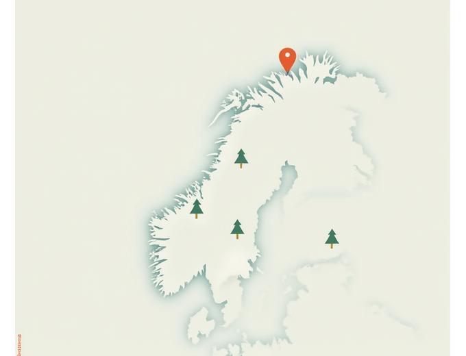 Illustrasjon av et kart med nåler som indikerer ullprodusenter i Norge