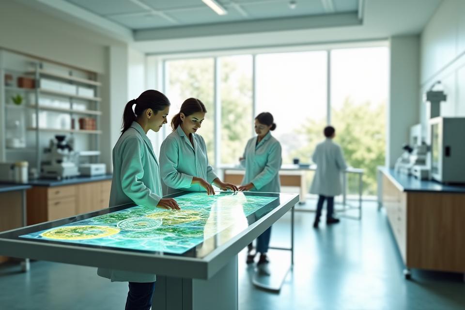 Moderne tekstilinnovasjonslaboratorium med avansert utstyr og forskere som samarbeider.