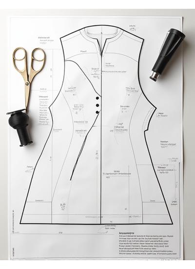 Teknisk tegning av et komplekst klesmønster på et arbeidsbord, med saks og tråd