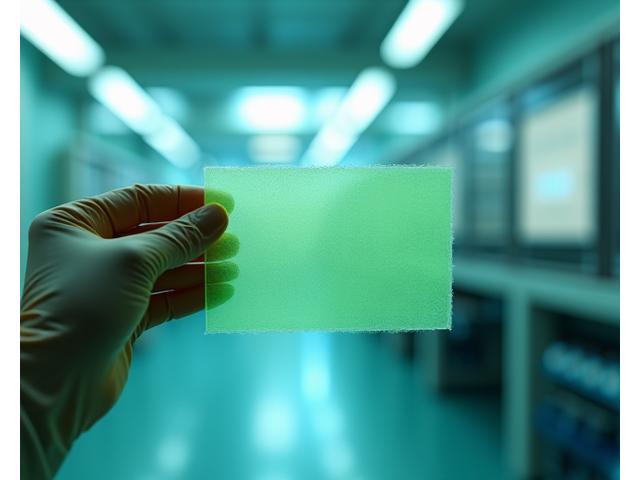 Nærbilde av en hånd som holder en gjennomsiktig, biobasert tekstilprøve i et laboratorium med grønt lys