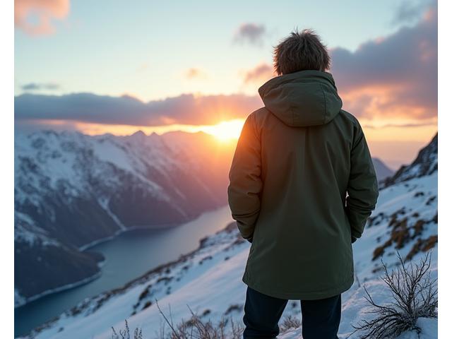 En person iført en mørkegrønn skalljakke på en vindfull fjelltopp i norsk natur, med utsikt over fjell og skyer.
