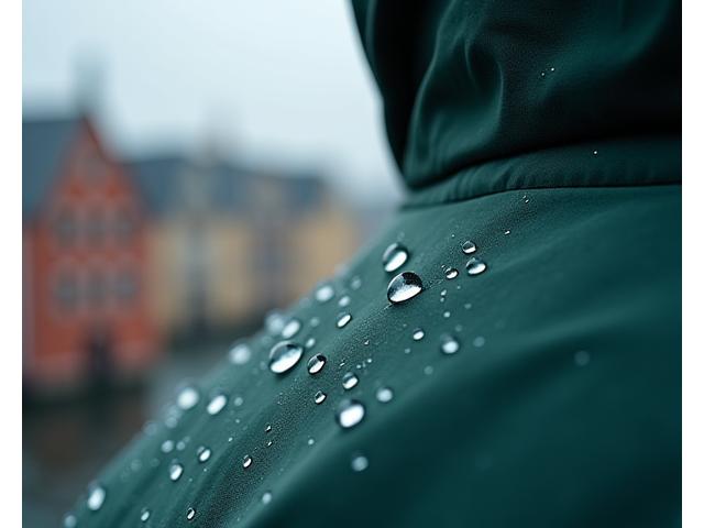 Detalj av vanndråper som preller av en impregert utendørsjakke under lett regn, med Bergen by i bakgrunnen.